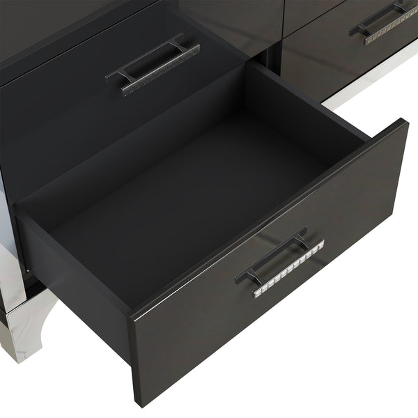 English Elm Elegant High Gloss Dresser with Metal Handles and Mirrored Panels, 6-Drawer Space-Saving Storage Solution Black 55.71 L x 19.29 W x 10.63 H N733P205355B