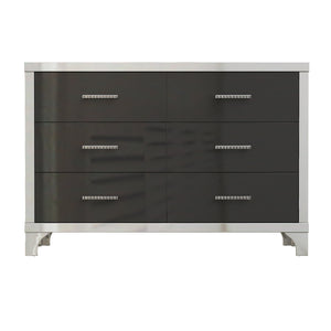 English Elm Elegant High Gloss Dresser with Metal Handles and Mirrored Panels, 6-Drawer Space-Saving Storage Solution Black 55.71 L x 19.29 W x 10.63 H N733P205355B