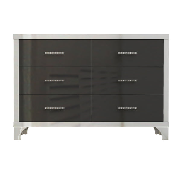 English Elm Elegant High Gloss Dresser with Metal Handles and Mirrored Panels, 6-Drawer Space-Saving Storage Solution Black 55.71 L x 19.29 W x 10.63 H N733P205355B