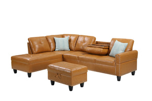 English Elm Irine Faux Leather Sectional Sofa with Ottoman, Storage Ottoman, Nailhead Trim, Cup Holders, Classic Comfort Ginger B102S00038