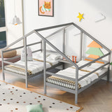 Double Twin Size Triangular House Beds with Built-In Table, Gray(Old Sku: Wf286895Aae)