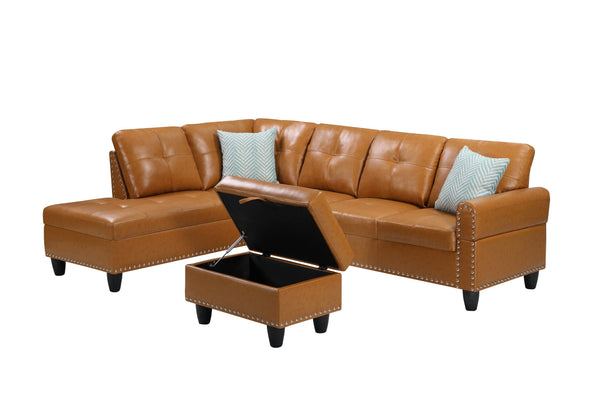 English Elm Irine Faux Leather Sectional Sofa with Ottoman, Storage Ottoman, Nailhead Trim, Cup Holders, Classic Comfort Ginger B102S00038