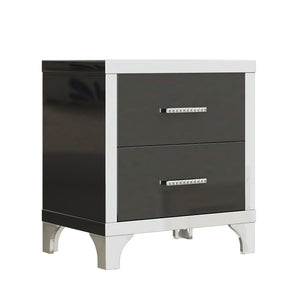 English Elm Elegant High Gloss Nightstand with Mirrored Accents and Metal Handle, 2-Drawer Modern Storage Table for Bedroom and Living Room, Sleek MDF Design Black 26.77 L x 18.9 W x 11.22 H N733P205356B