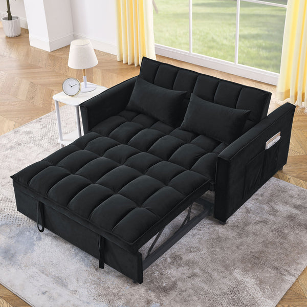 English Elm Sleeper Velvet Convertible Sofa Bed Recliner 3-in-1 2-Seater Sectional with Pockets & Pillows Black W1853126218