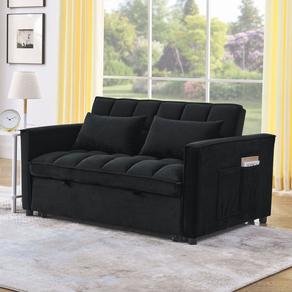 English Elm Sleeper Velvet Convertible Sofa Bed Recliner 3-in-1 2-Seater Sectional with Pockets & Pillows Black W1853126218