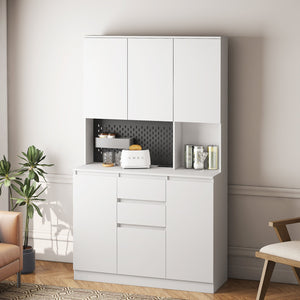 English Elm 74" Modern Kitchen Pantry Cabinet with Charging Station & Microwave Stand, Freestanding Buffet Storage with Hutch, Drawer, White Finish W1321S00002