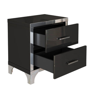 English Elm Elegant High Gloss Nightstand with Mirrored Accents and Metal Handle, 2-Drawer Modern Storage Table for Bedroom and Living Room, Sleek MDF Design Black 26.77 L x 18.9 W x 11.22 H N733P205356B