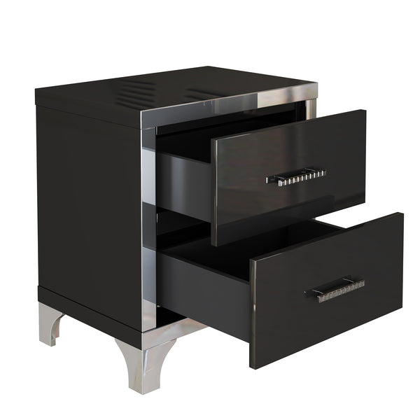 English Elm Elegant High Gloss Nightstand with Mirrored Accents and Metal Handle, 2-Drawer Modern Storage Table for Bedroom and Living Room, Sleek MDF Design Black 26.77 L x 18.9 W x 11.22 H N733P205356B