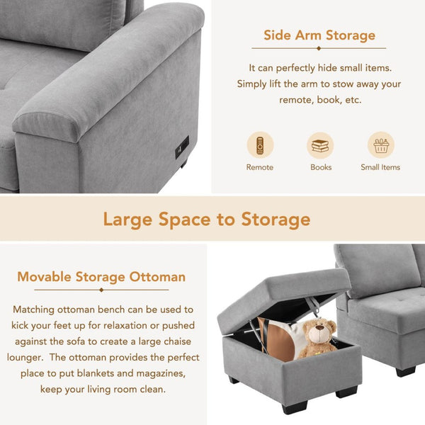 English Elm Sleeper Sectional Velvet Sofa with Usb Ports Ottoman Storage for Apartment Living SG000250AAE