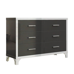 English Elm Elegant High Gloss Dresser with Metal Handles and Mirrored Panels, 6-Drawer Space-Saving Storage Solution Black 55.71 L x 19.29 W x 10.63 H N733P205355B