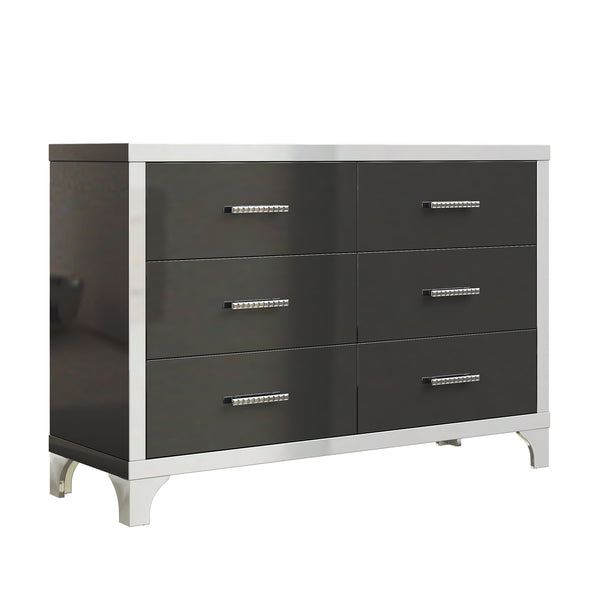 English Elm Elegant High Gloss Dresser with Metal Handles and Mirrored Panels, 6-Drawer Space-Saving Storage Solution Black 55.71 L x 19.29 W x 10.63 H N733P205355B
