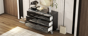 English Elm Elegant High Gloss Dresser with Metal Handles and Mirrored Panels, 6-Drawer Space-Saving Storage Solution Black 55.71 L x 19.29 W x 10.63 H N733P205355B