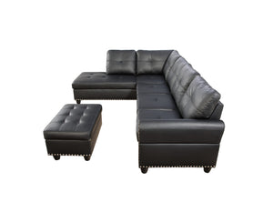 English Elm Irine Faux Leather Sectional Sofa with Ottoman, Storage Ottoman, Nailhead Trim, Cup Holders, Classic Comfort Black B102S00037