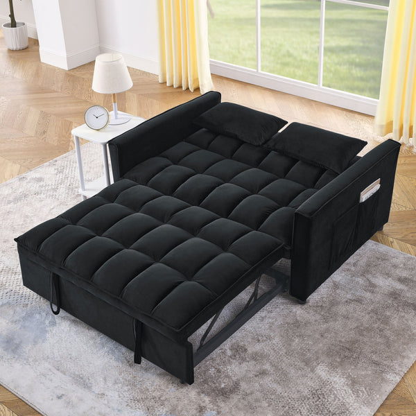 English Elm Sleeper Velvet Convertible Sofa Bed Recliner 3-in-1 2-Seater Sectional with Pockets & Pillows Black W1853126218