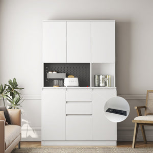 English Elm 74" Modern Kitchen Pantry Cabinet with Charging Station & Microwave Stand, Freestanding Buffet Storage with Hutch, Drawer, White Finish W1321S00002