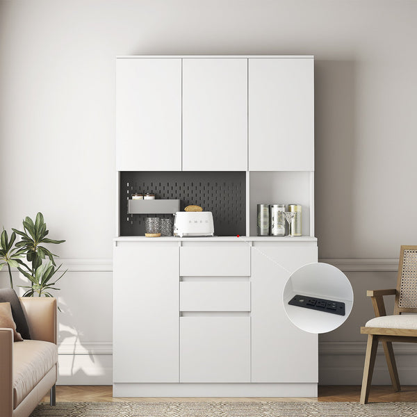 English Elm 74" Modern Kitchen Pantry Cabinet with Charging Station & Microwave Stand, Freestanding Buffet Storage with Hutch, Drawer, White Finish W1321S00002