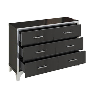 English Elm Elegant High Gloss Dresser with Metal Handles and Mirrored Panels, 6-Drawer Space-Saving Storage Solution Black 55.71 L x 19.29 W x 10.63 H N733P205355B