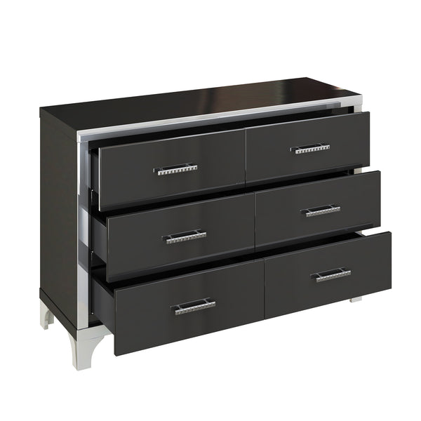 English Elm Elegant High Gloss Dresser with Metal Handles and Mirrored Panels, 6-Drawer Space-Saving Storage Solution Black 55.71 L x 19.29 W x 10.63 H N733P205355B