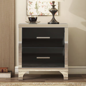 English Elm Elegant High Gloss Nightstand with Mirrored Accents and Metal Handle, 2-Drawer Modern Storage Table for Bedroom and Living Room, Sleek MDF Design Black 26.77 L x 18.9 W x 11.22 H N733P205356B
