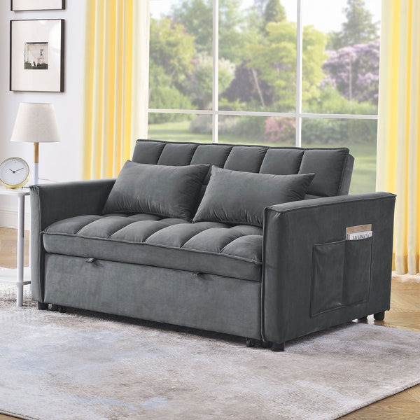 English Elm Sleeper Velvet Convertible Sofa Bed Recliner 3-in-1 2-Seater Sectional with Pockets & Pillows Grey W1853126217