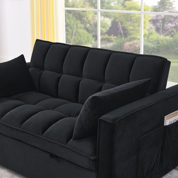English Elm Sleeper Velvet Convertible Sofa Bed Recliner 3-in-1 2-Seater Sectional with Pockets & Pillows Black W1853126218