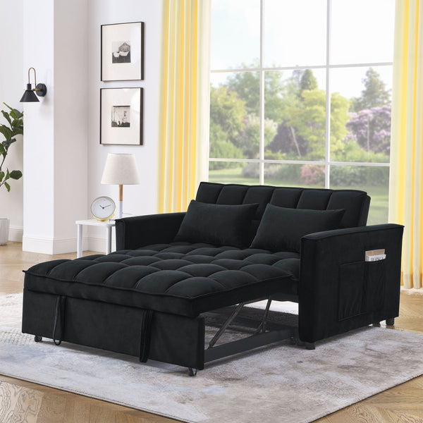 English Elm Sleeper Velvet Convertible Sofa Bed Recliner 3-in-1 2-Seater Sectional with Pockets & Pillows Black W1853126218