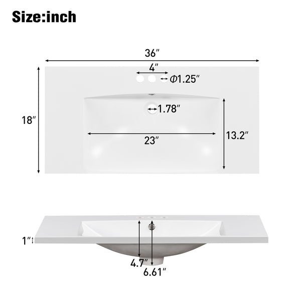 English Elm 36" Resin Bathroom Vanity Top Single Basin Sink in White, 3-Hole 4" Faucet Ready, Durable Smooth Finish WF316528AAK