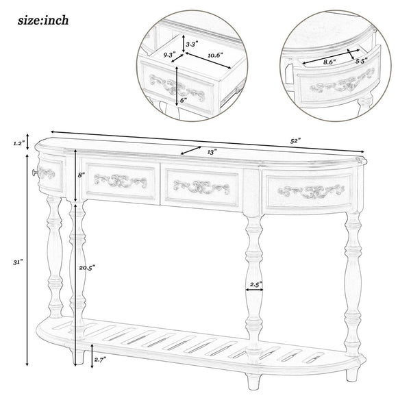 English Elm U_style Curved Console Table with Roman Legs Four Drawers Open Shelf Entryway Accent Antique Blue N711P186862C