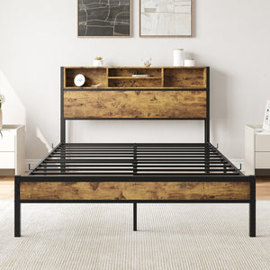 English Elm Full Full Size Bed Frame with Storage Headboard, USB Charging, Bookcase Shelves, Industrial Retro Design W840127763