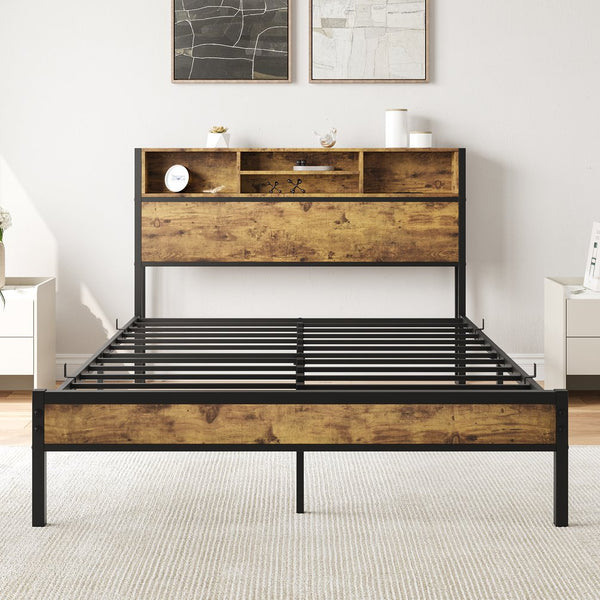 English Elm Full Full Size Bed Frame with Storage Headboard, USB Charging, Bookcase Shelves, Industrial Retro Design W840127763