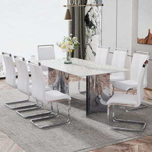 English Elm Modern Minimalist Dining Table With White Imitation Marble Top & Silver Metal Legs - Versatile Design W1151S00386