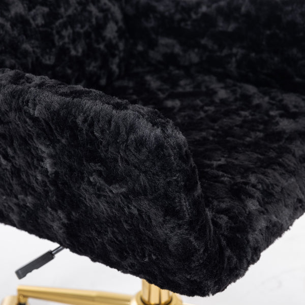 English Elm A&A Plush Rabbit Hair Office Chair with Golden Metal Base, Oversized Seat, Reclining Swivel Comfort Black W1143125531