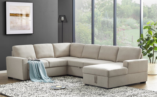 English Elm Ketterman Upholstered Sectional Sofa with Storage Chaise, Pull-Out Loveseat, Eight-Way Hand-Tied Springs Beige B102S00018