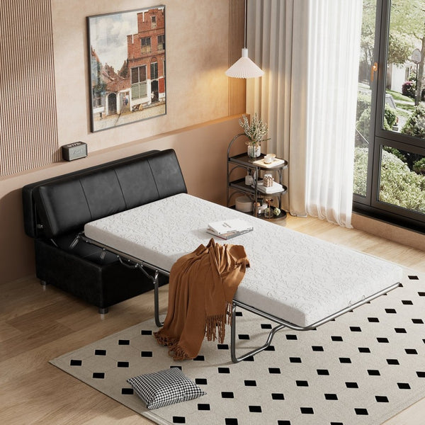 English Elm Twin Folding Ottoman Guest Sleeper Pu Leather Convertible Bed for Studio Apartments Black Pu WF307724AAB