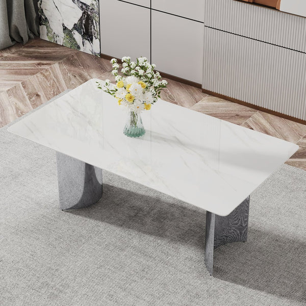 English Elm Modern minimalist dining table with imitation marble glass top and metal legs for elegant gatherings, 77" Silver,White W1151S03386