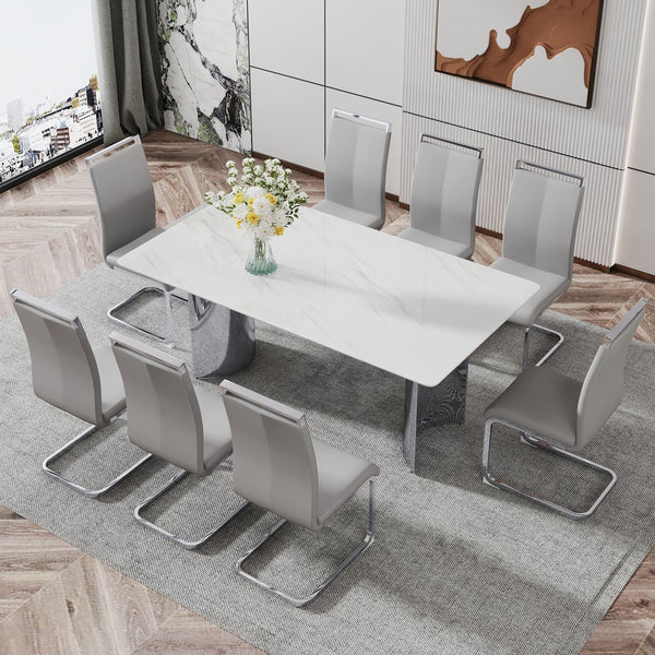 English Elm Modern Minimalist Dining Table With White Imitation Marble Top & Silver Metal Legs - Versatile Design W1151S00386