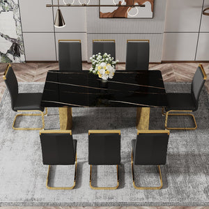 English Elm Modern Minimalist Dining Table With Black Glass Top & Gold Metal Legs - Versatile For Any Space W1151S04321