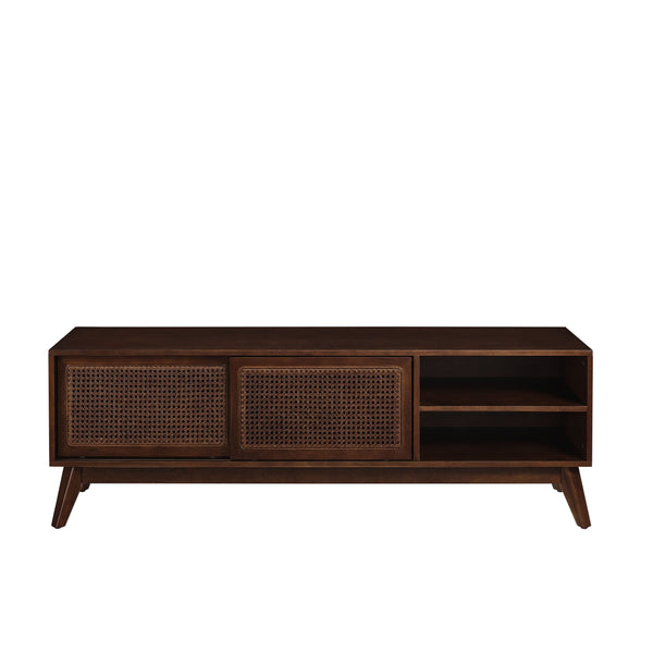 English Elm 59 Mid Century Rattan TV Stand 59" 65-inch Ready Media Console with Solid Wood Legs, Smooth Slides and Natural Birch Finish Walnut W1801115776