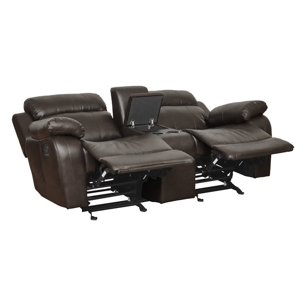 English Elm Double Double Glider Reclining Love Seat with Center Console, Brown Faux Leather, Cupholders, Contemporary Comfort B011133253