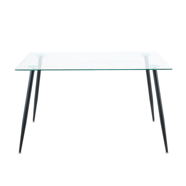 English Elm Modern Rectangular Tempered Glass Dining Table with Matte Black Steel Legs Seats Four W210S00028