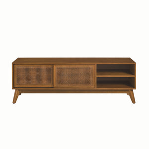 English Elm 59 Mid Century Rattan TV Stand 59" 65-inch Ready Media Console with Solid Wood Legs, Smooth Slides and Natural Birch Finish Brown Ebony W1801115775