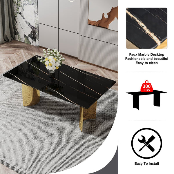 English Elm Modern Minimalist Dining Table With Black Glass Top & Gold Metal Legs - Versatile For Any Space W1151S04321