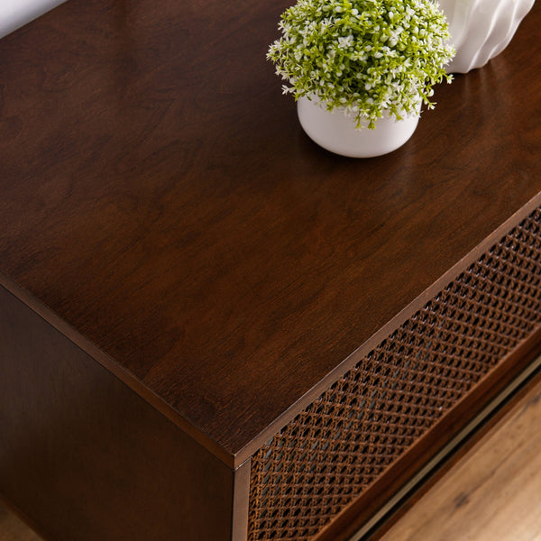 English Elm 59 Mid Century Rattan TV Stand 59" 65-inch Ready Media Console with Solid Wood Legs, Smooth Slides and Natural Birch Finish Walnut W1801115776