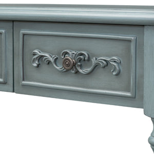 English Elm U_style Curved Console Table with Roman Legs Four Drawers Open Shelf Entryway Accent Antique Blue N711P186862C