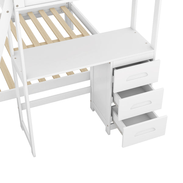 English Elm Twin Twin over Full Bunk Bed with Built-In Desk, Three Drawers, Solid Pine Frame and Convertible Splitability White GX000709AAK
