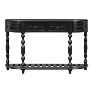 English Elm U_style Curved Console Table with Roman Legs Four Drawers Open Shelf Entryway Accent Black N711P186862B