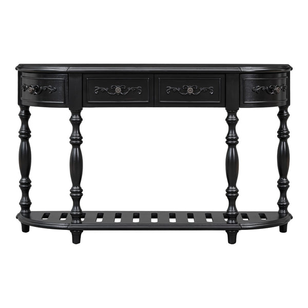 English Elm U_style Curved Console Table with Roman Legs Four Drawers Open Shelf Entryway Accent Black N711P186862B