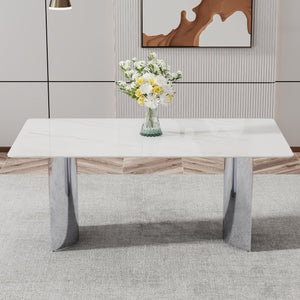 English Elm Modern Minimalist Dining Table With White Imitation Marble Top & Silver Metal Legs - Versatile Design W1151S00386