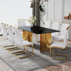 English Elm Modern Minimalist Dining Table With Black Glass Top & Gold Metal Legs - Versatile For Any Space W1151S04321