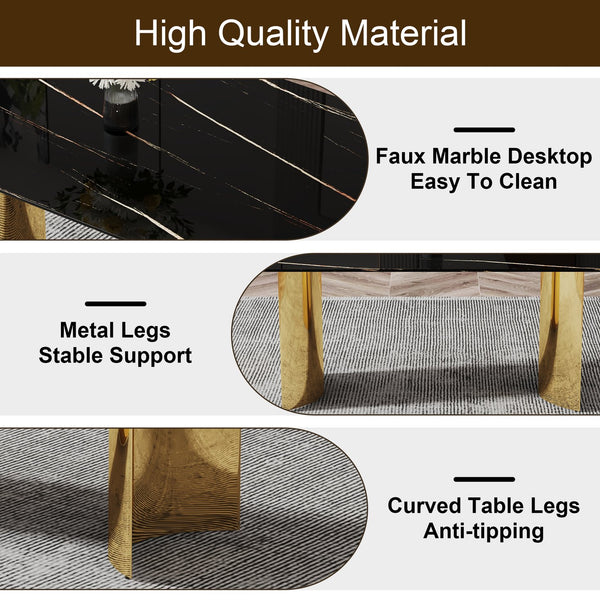 English Elm Modern Minimalist Dining Table With Black Glass Top & Gold Metal Legs - Versatile For Any Space W1151S04321